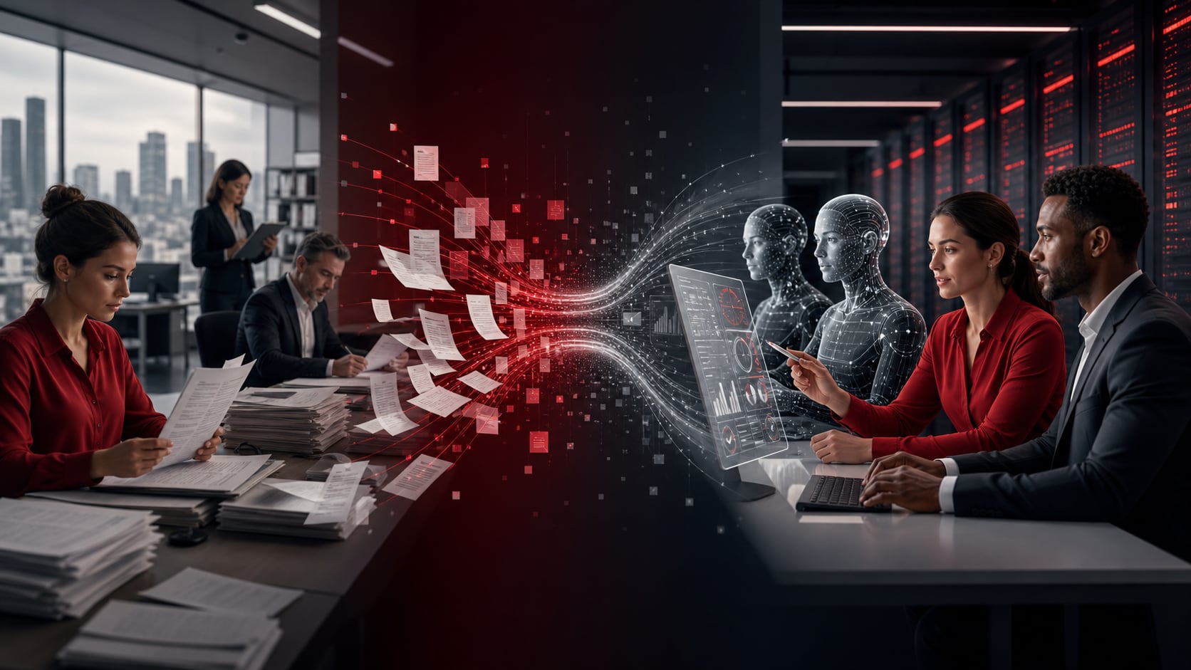 A team transitioning from paper-heavy office work to an AI-augmented workforce powered by BeX Digital Employees
